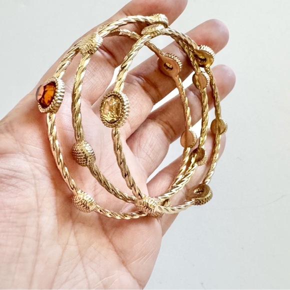 Gold Plated Bangle Bracelet Set with Gem Accents - Picture 3 of 5